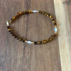 14k Tigers Eye, Pearl and Gold Bead Bracelet ~ Size 6.5